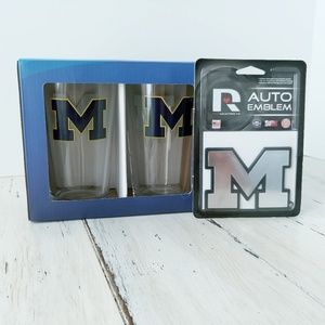 U of M Wolverines Highball Glasses and Car Emblem